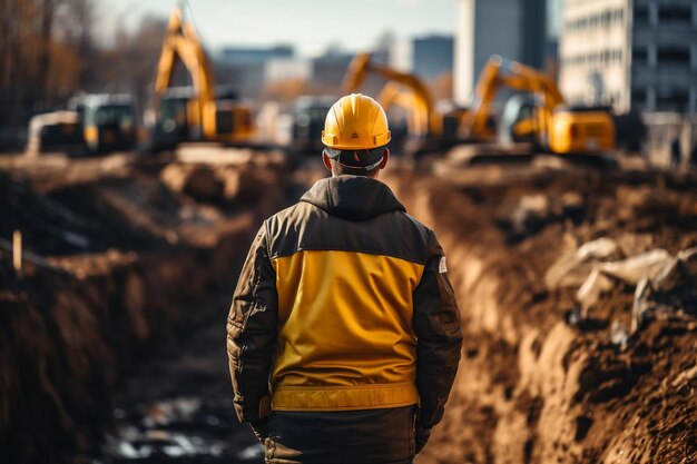 Vista traseira do engenheiro supervisionando a construção