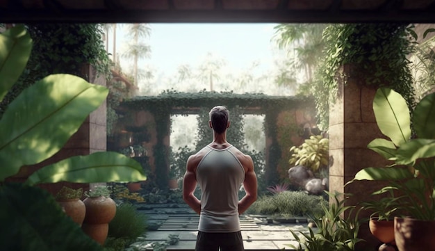 Vista traseira do homem fazendo exercícios de fitness e praticando ioga no jardim de casa Generative Ai