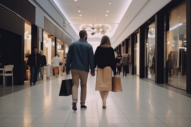 Vista traseira do jovem casal andando com sacolas de compras no shopping Marido e esposa vista traseira completa andando em uma loja