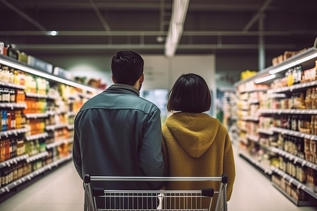 Vista traseira do jovem casal fazendo compras no supermercado Vista traseira do homem e da mulher em pé com carrinho de compras e olhando para as prateleiras com bebidas AI Generated