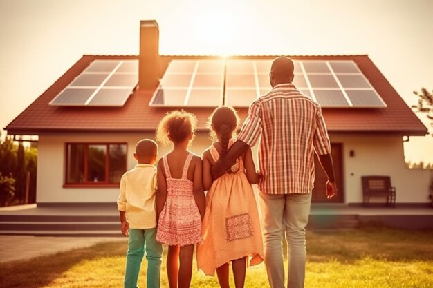 Vista traseira do pai afro-americano e da casa da frente dos filhos com painéis solares Generative AI