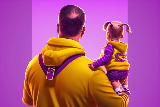 Vista traseira do pai e sua filha na jaqueta amarela no conceito de dia dos pais de fundo roxo