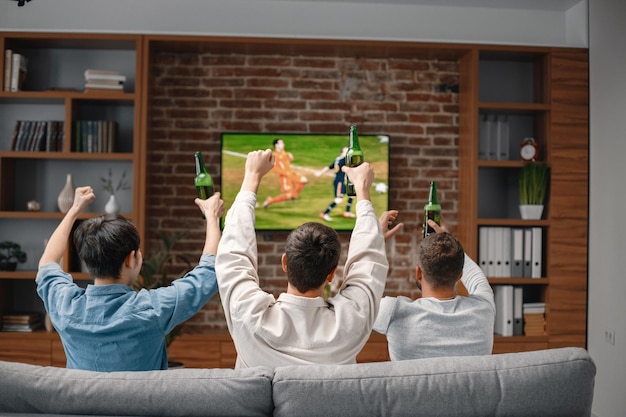 Vista traseira dos homens assistindo a um jogo de futebol na tv e bebendo uma cerveja