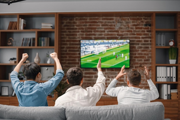 Vista traseira dos homens assistindo a um jogo de futebol na tv e sentado  em um sofá