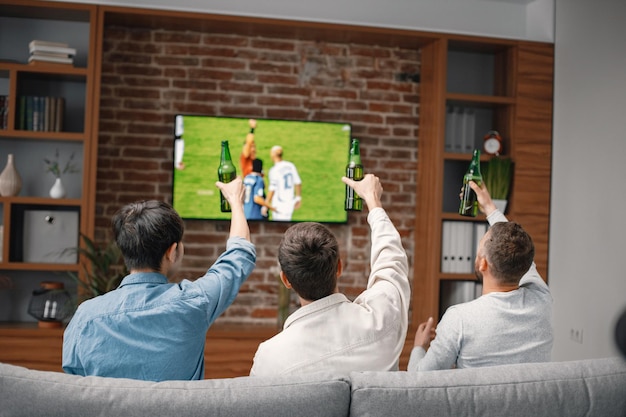 Vista traseira dos homens assistindo a um jogo de futebol na tv e sentado em um sofá