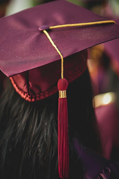 Foto vista traseira em close-up fêmea em chapéu de pós-graduação