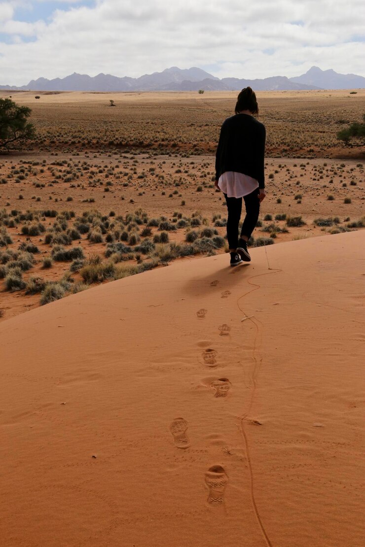 Foto vista traseira em todo o comprimento de uma pessoa a caminhar sobre a areia