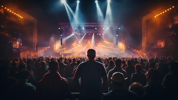vista traseira fotográfica de um grande grupo de fãs de música em frente ao palco durante um concerto de música à noite