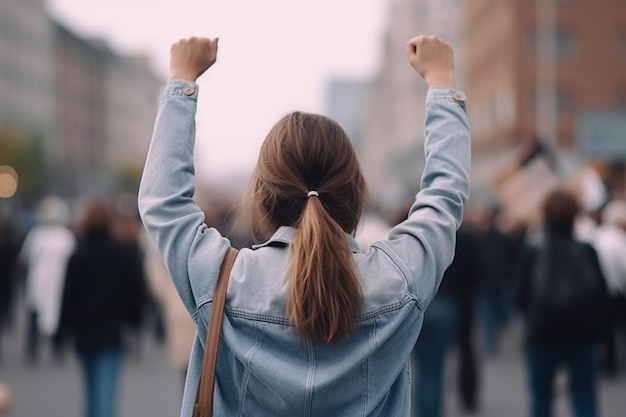 Foto vista traseira jovem mulher com o punho levantado protestando na rua