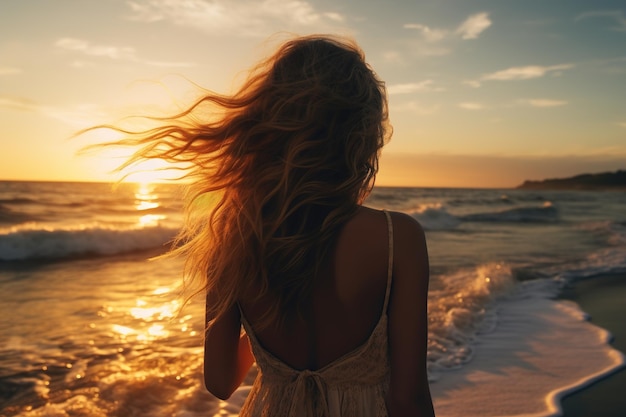 Vista traseira romântica jovem irreconhecível usando vestido branco de verão e andando sozinha na praia à beira-mar nas férias de estilo de vida do pôr do sol