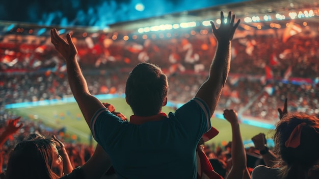 Vista trasera de los aficionados al fútbol animando a su equipo en un estadio lleno de gente por la noche Los aficionados al futbol celebrando una victoria en el estadio