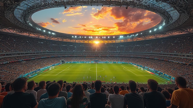 Vista trasera de los aficionados al fútbol en un estadio lleno de gente por la noche