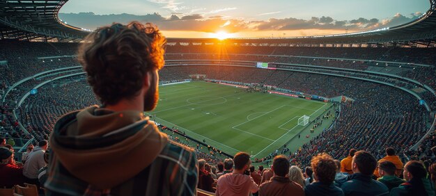 Foto vista trasera de los aficionados al fútbol en un estadio lleno de gente por la noche