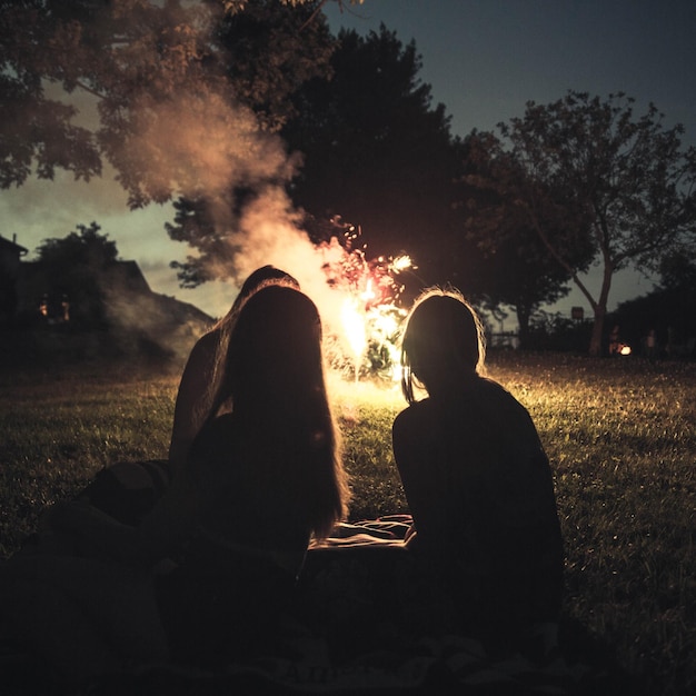 Vista trasera de amigos en silueta viendo fuegos artificiales