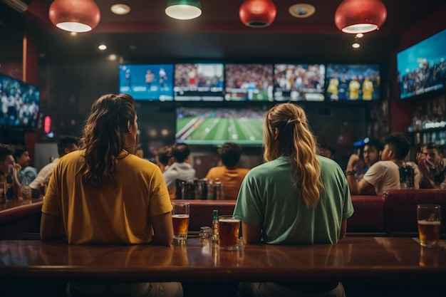 Vista trasera de amigos viendo juegos en Sports Bar en pantallas