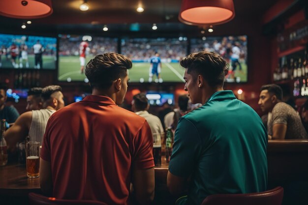 Vista trasera de amigos viendo juegos en Sports Bar en pantallas