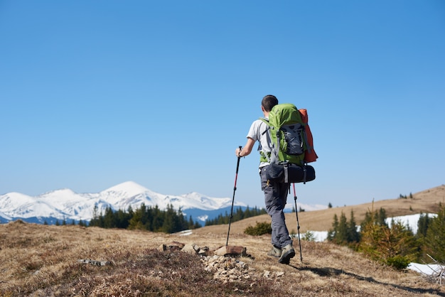 Vista trasera del ángulo bajo de un hombre aventurero usando bastones de senderismo mientras camina por la montaña