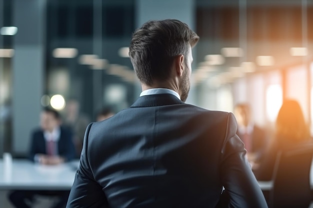 Vista trasera del apuesto hombre de negocios en traje y peinado con colegas en la oficina Negociaciones de reuniones de negocios corporativos Trabajo en equipo Primer enfoque selectivo en el hombre IA generativa