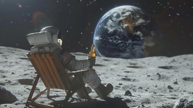 Vista trasera del astronauta lunar abriendo una botella de cerveza