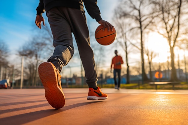 Vista trasera de un atleta masculino calificado en una cancha de baloncesto capturada en una imagen cuidadosamente enmarcada exe