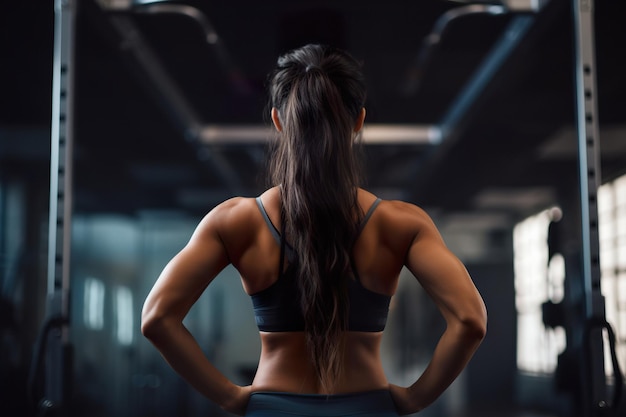 Vista trasera de la atleta mostrando los músculos de sus hombros y espalda en el gimnasio