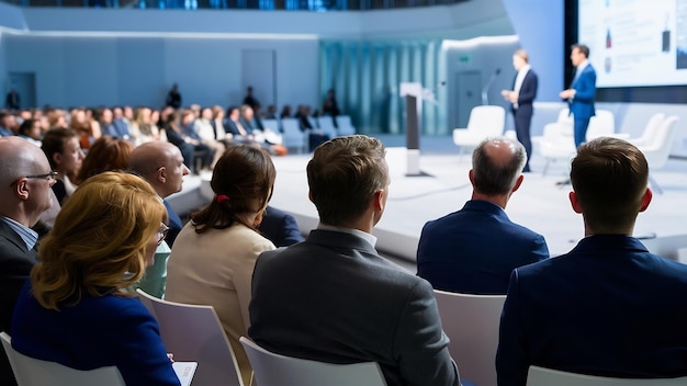 Foto vista trasera de la audiencia escuchando a los oradores en el escenario en la sala de conferencias o la reunión de seminario