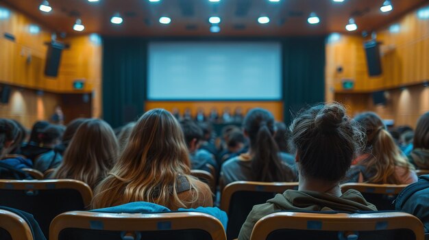 vista trasera de la audiencia en la sala de conferencias con una gran pantalla de medios