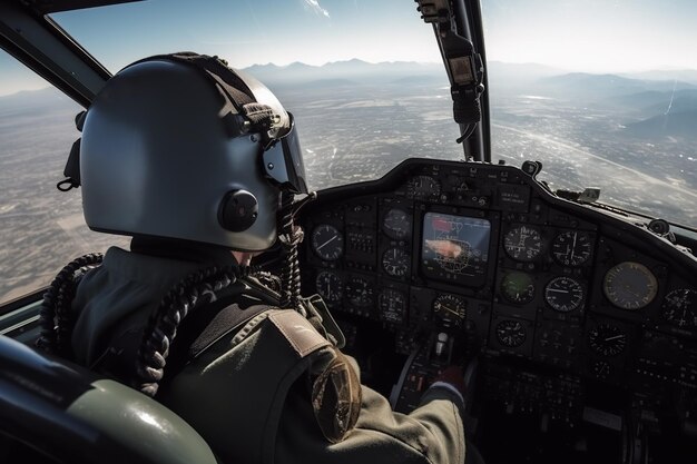 Una vista trasera de un aviador en la cabina de un avión de combate volando por el aire