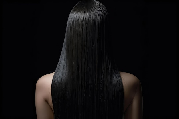 Vista trasera de cabello lacio negro de longitud media sobre fondo negro IA generativa