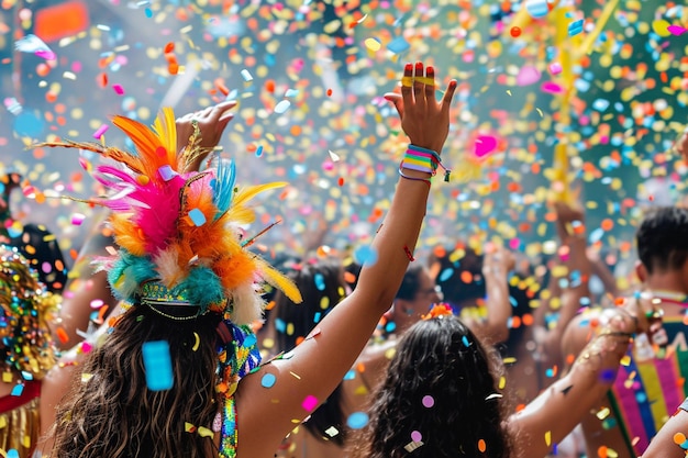 Vista trasera del carnaval brasileño personas felices lanzando confeti de muchos colores