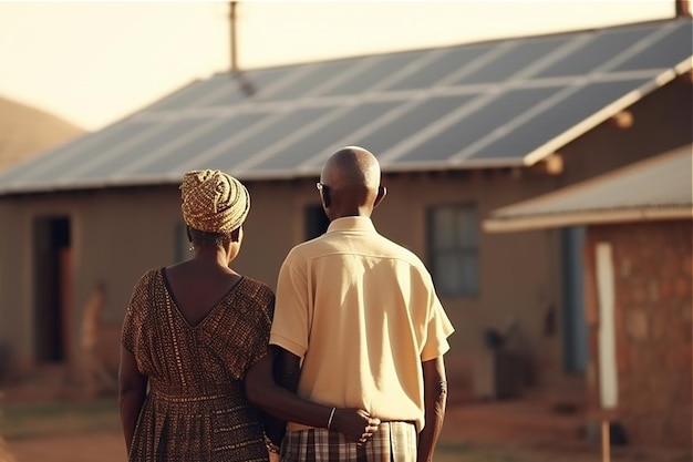 Vista trasera de la casa delantera de una pareja africana con paneles solares en África IA generativa