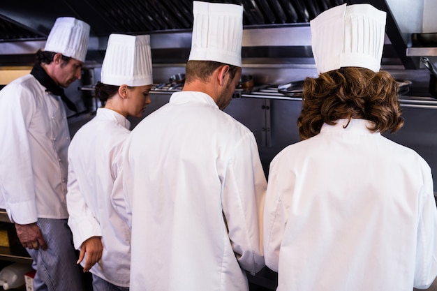 Vista trasera de chefs preparando comida en la cocina