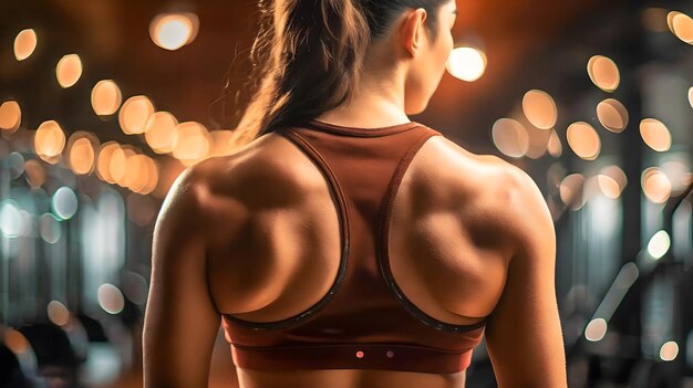 Foto vista trasera de una chica atlética y musculosa en el gimnasio