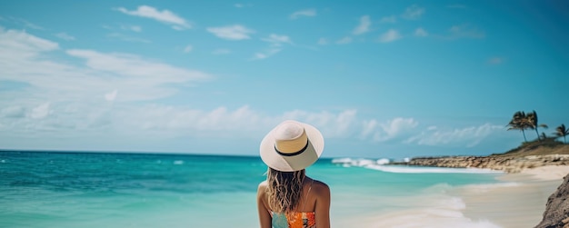 La vista trasera de una chica caminando por la playa en un día soleado y sombrero en la cabeza