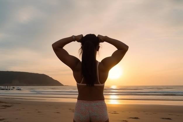 Vista trasera de una chica deportiva fuerte que muestra músculos en la playa durante la puesta de sol