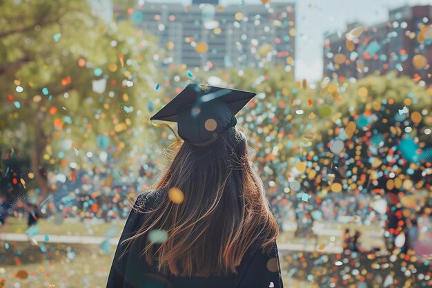 Vista trasera de una chica con gorra de graduación lanzando confeti en el aire