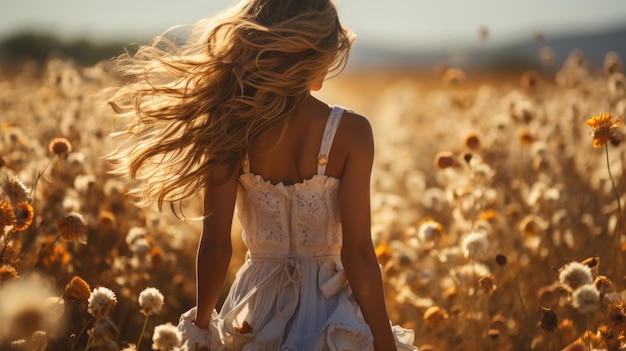 Una vista trasera de una chica con un hermoso vestido caminando por el jardín de flores y posando