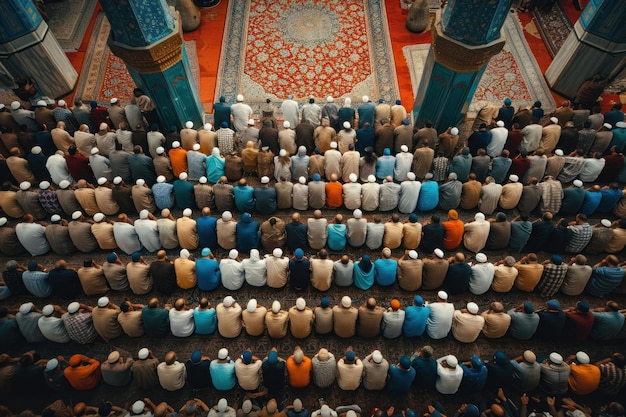 Vista trasera de una congregación orando junta en una mezquita mostrando unidad y fe.