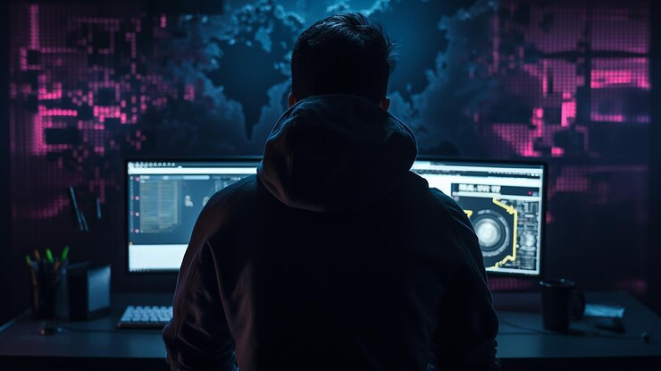 Foto vista trasera del desarrollador de software masculino con capucha