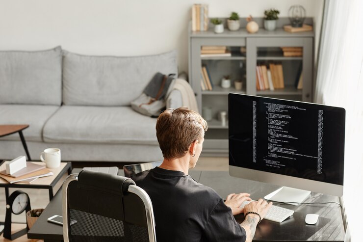Foto vista trasera del desarrollador de software sentado en la mesa frente al monitor de la computadora y desarrollando nuevo software en la oficina