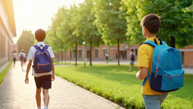 Vista trasera de dos adolescentes con mochilas caminando por la calle Concepto de amistad