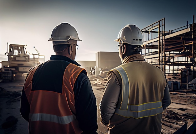 Vista trasera de dos ingenieros de pie frente a un sitio de construcción