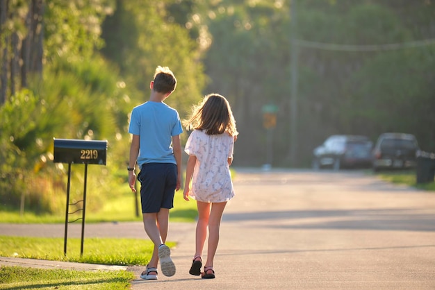 Vista trasera de dos jóvenes adolescentes, niña y niño, hermano y hermana caminando juntos en una calle suburbana en una tarde soleada