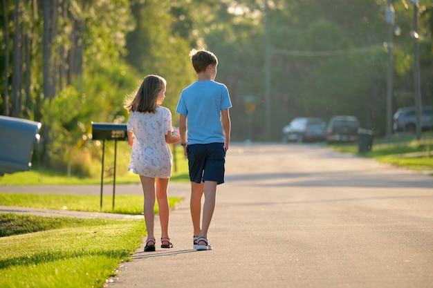 Vista trasera de dos jóvenes adolescentes, niña y niño, hermano y hermana caminando juntos en una calle suburbana en una tarde soleada