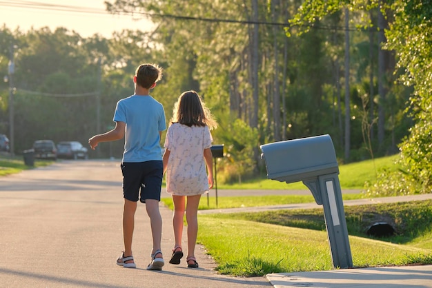 Vista trasera de dos jóvenes adolescentes, niña y niño, hermano y hermana caminando juntos en una calle suburbana en una tarde soleada