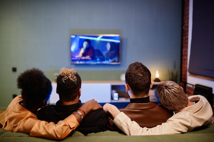 Foto vista trasera de dos jóvenes parejas homosexuales cariñosas viendo una película mientras se sientan en el sofá en frente