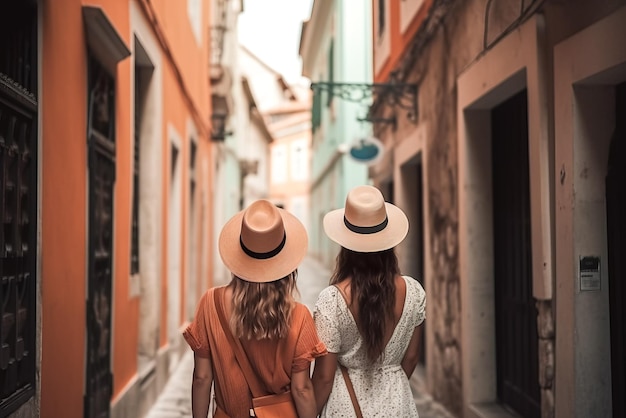 Vista trasera de dos mujeres jóvenes con sombreros de paja caminando por la ciudad IA generativa