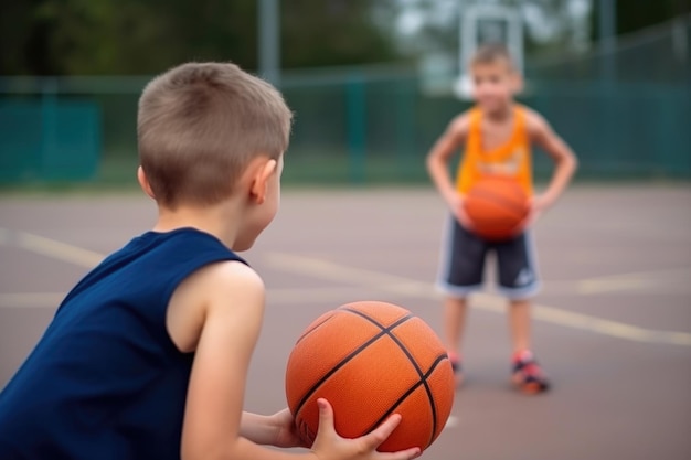 Vista trasera de dos niños jugando baloncesto en una cancha deportiva creada con IA generativa