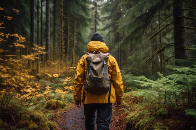 Vista trasera de un escalador o excursionista con mochila Campamento de senderismo con fondo natural