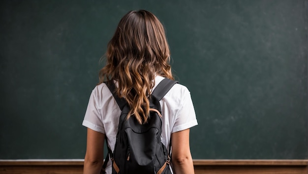 vista trasera estudiante con un fondo de pizarra